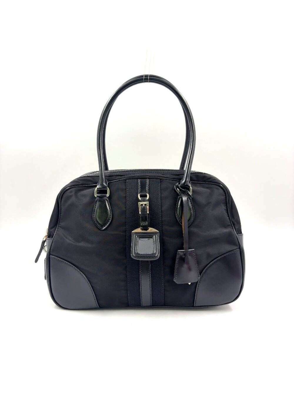 Prada Triangle Logo Nylon Bowling Bag Leather Black Mini Silver